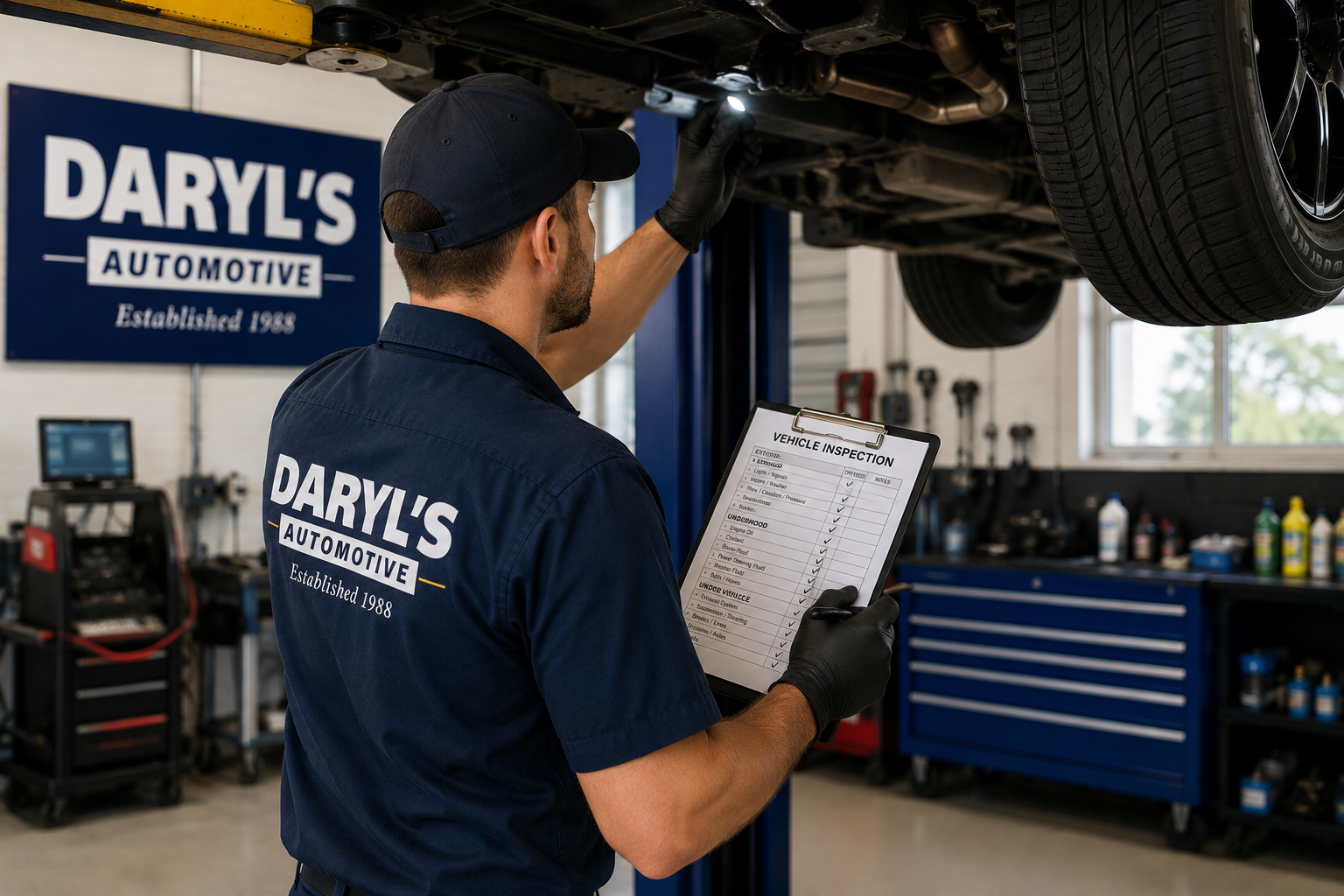 An automotive technician at Daryl's Automotive inspecting a vehicle lifted in the garage, holding a clipboard with vehicle inspection checklist, wearing a navy blue shirt and gloves.
