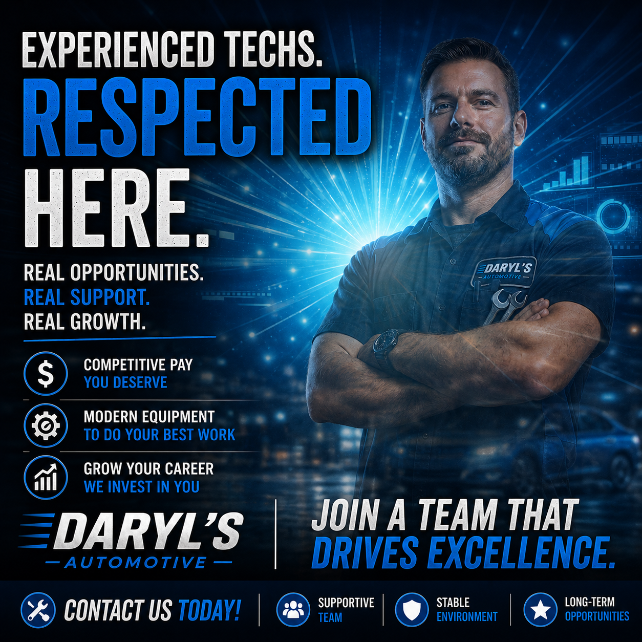 A promotional poster for Daryl's Automotive featuring an automotive technician. The technician is standing with arms crossed, wearing a uniform with the Daryl's logo. The background shows digital graphics and charts, with bold text emphasizing opportunities for growth, support, and competitive pay. The poster invites individuals to join the team, highlighting a supportive environment, stability, and long-term opportunities.