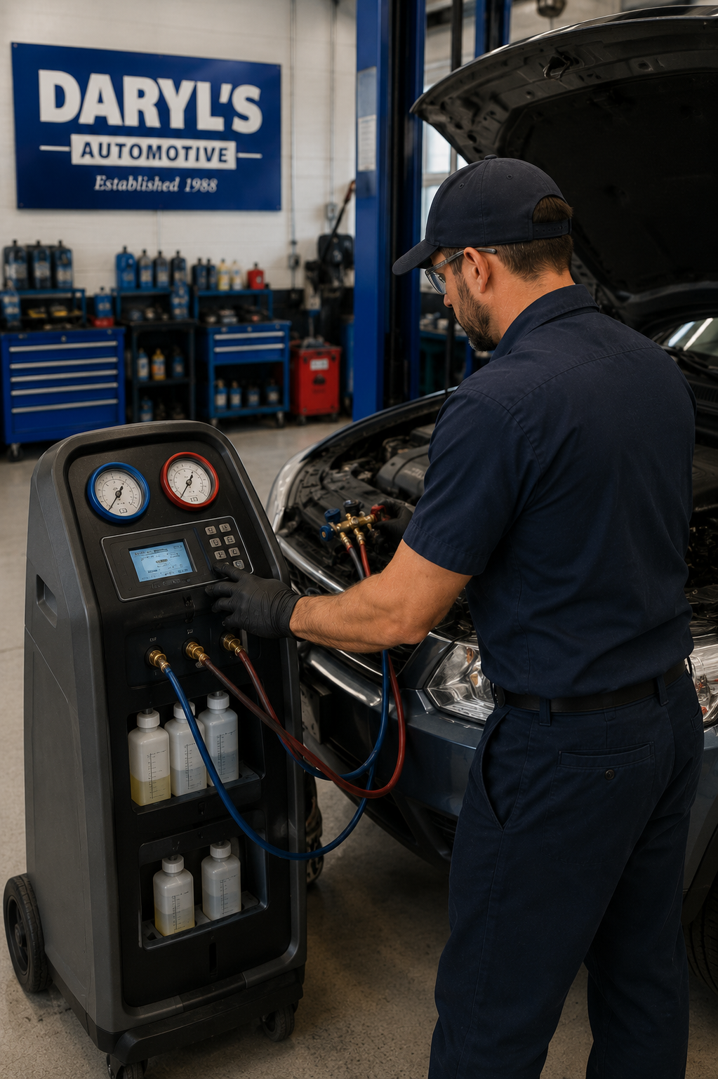 A mechanic in navy uniform and cap working with an automotive air conditioning service machine at Daryl's Automotive workshop, with a car engine hood open and tool cabinets in the background.