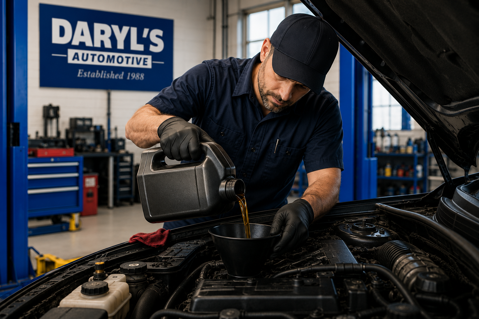 A mechanic pouring motor oil into a car engine at an auto repair shop.