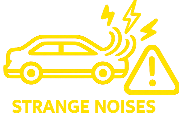 Yellow warning icon showing a car with lightning bolts and a hazard sign, with the text 'Strange Noises'
