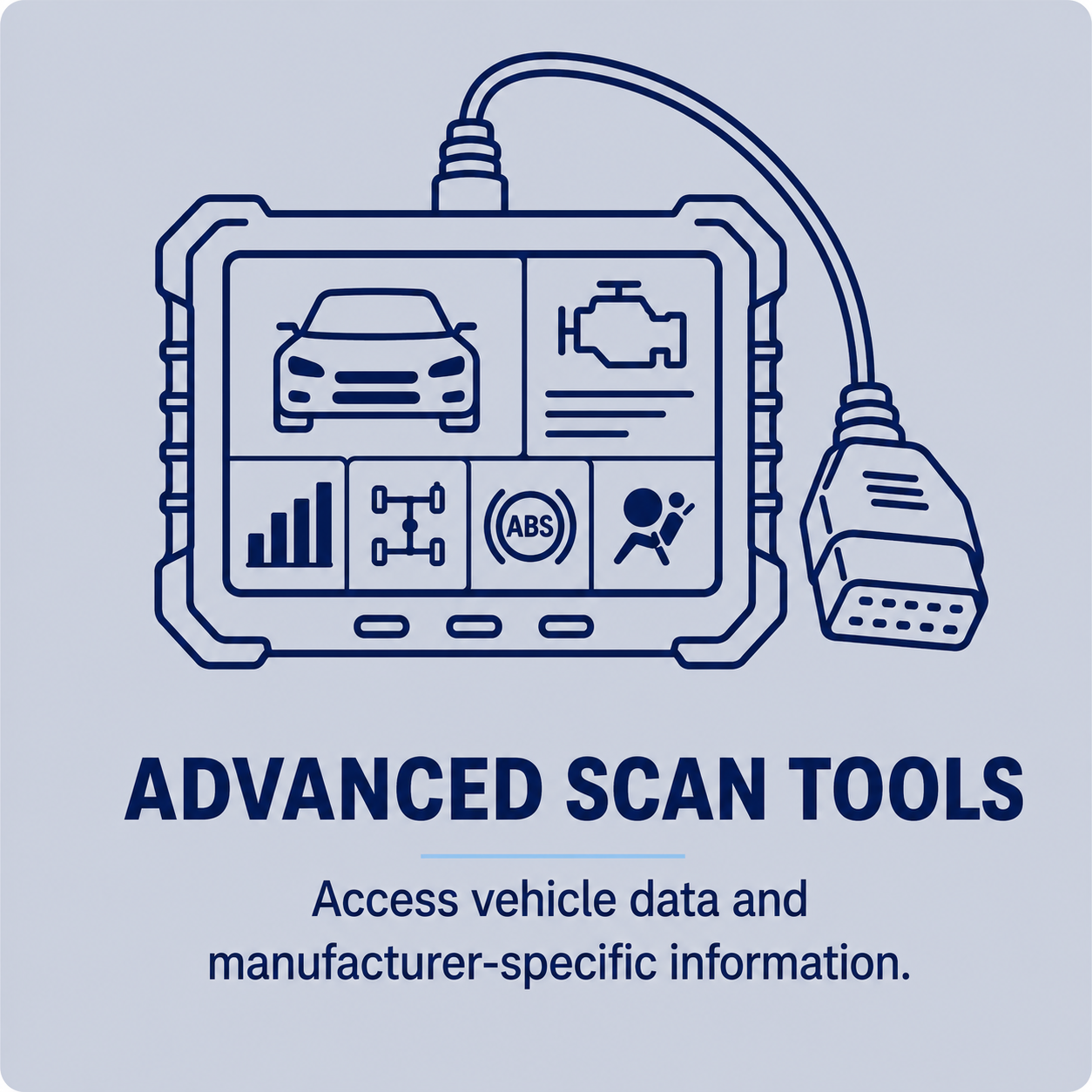 Illustration of advanced scan tools interface with vehicle data icons, including a car, engine, graph, and mechanic, with text 'Advanced Scan Tools' and 'Access vehicle data and manufacturer-specific information'.