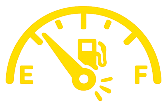 Fuel gauge with the needle pointing to empty and a low fuel warning light illuminated.