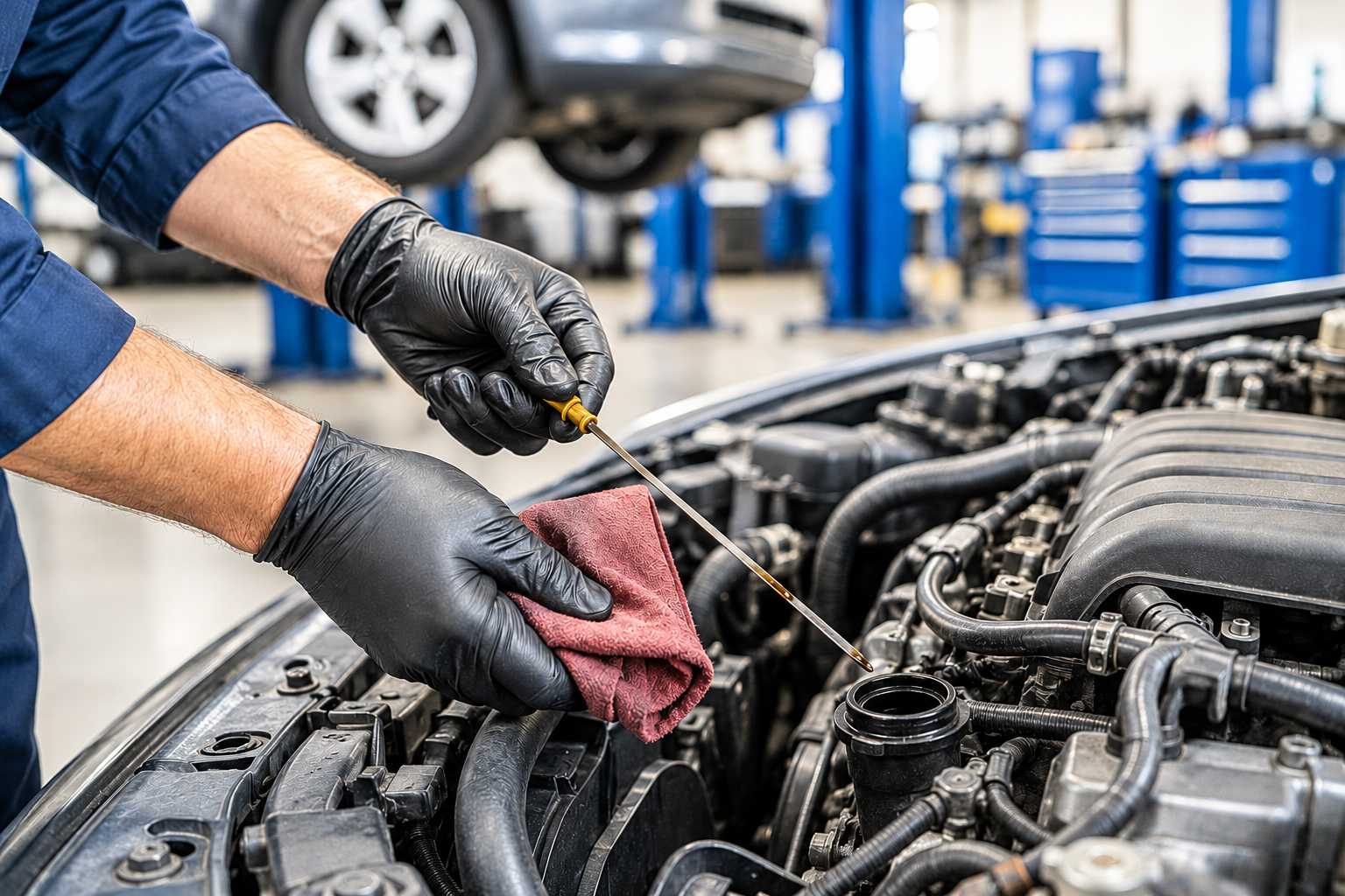Mechanic wearing black gloves and holding a red cloth and a dipstick, checking oil level in car engine in an auto repair shop.
