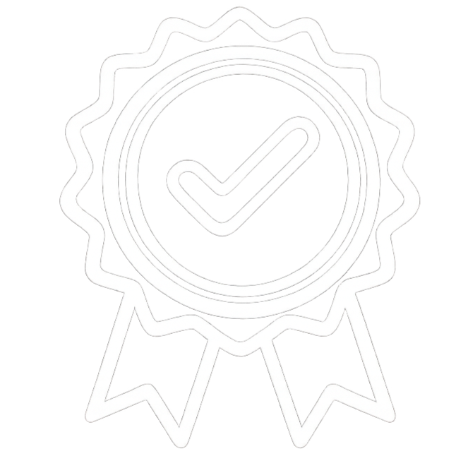 Line drawing of a badge with a check mark in the center and ribbons hanging below.