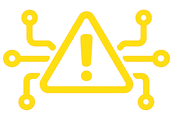 A stylized yellow electronic warning triangle with circuit board design elements.