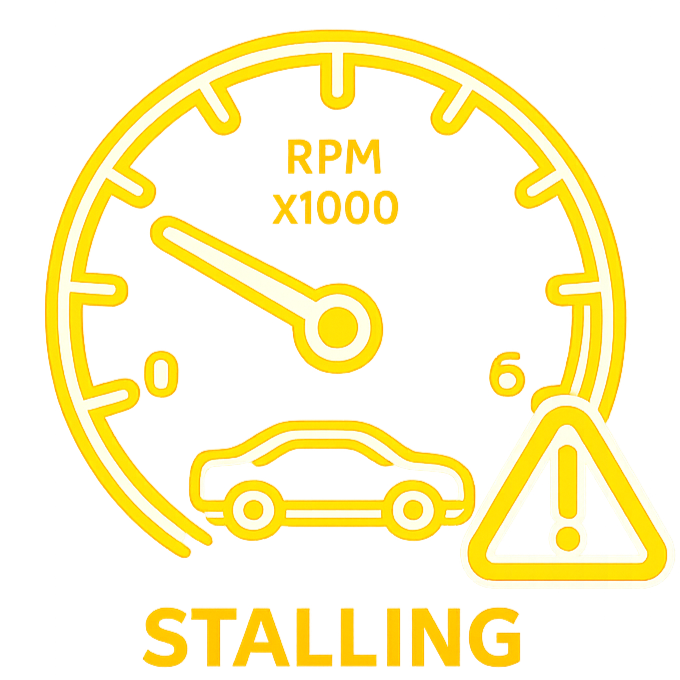 A neon display with a car warning, a speedometer indicating slow speed, and the word 'STALLING' at the bottom.