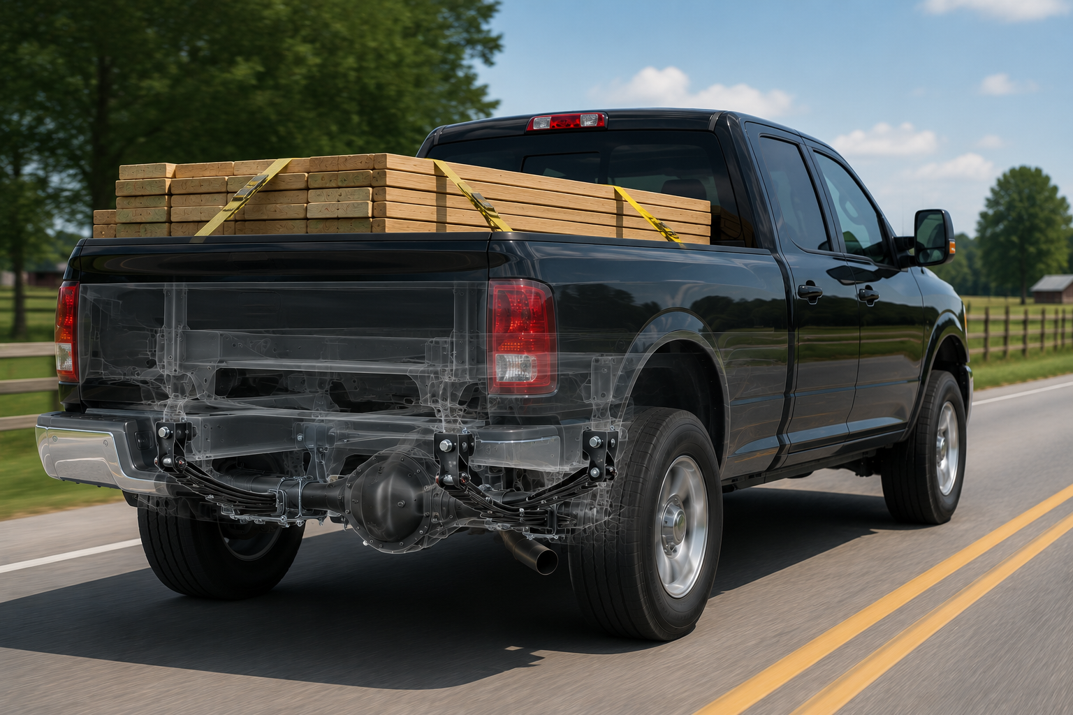 Black pickup truck driving on the road carrying stacked lumber in its bed, with a semi-transparent overlay showing the vehicle's internal mechanical components.
