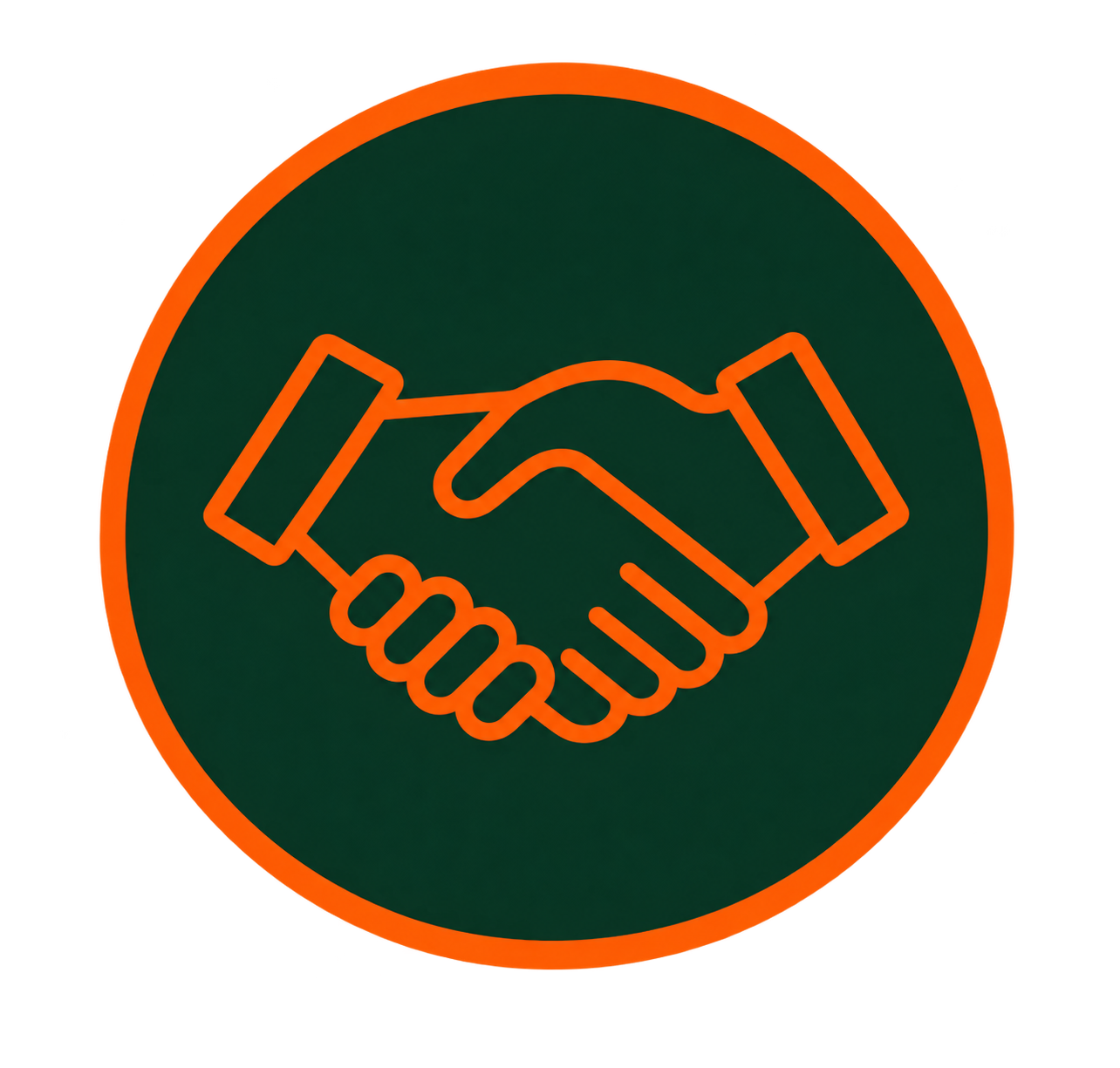 Green circle icon with an orange outline depicting a handshake.