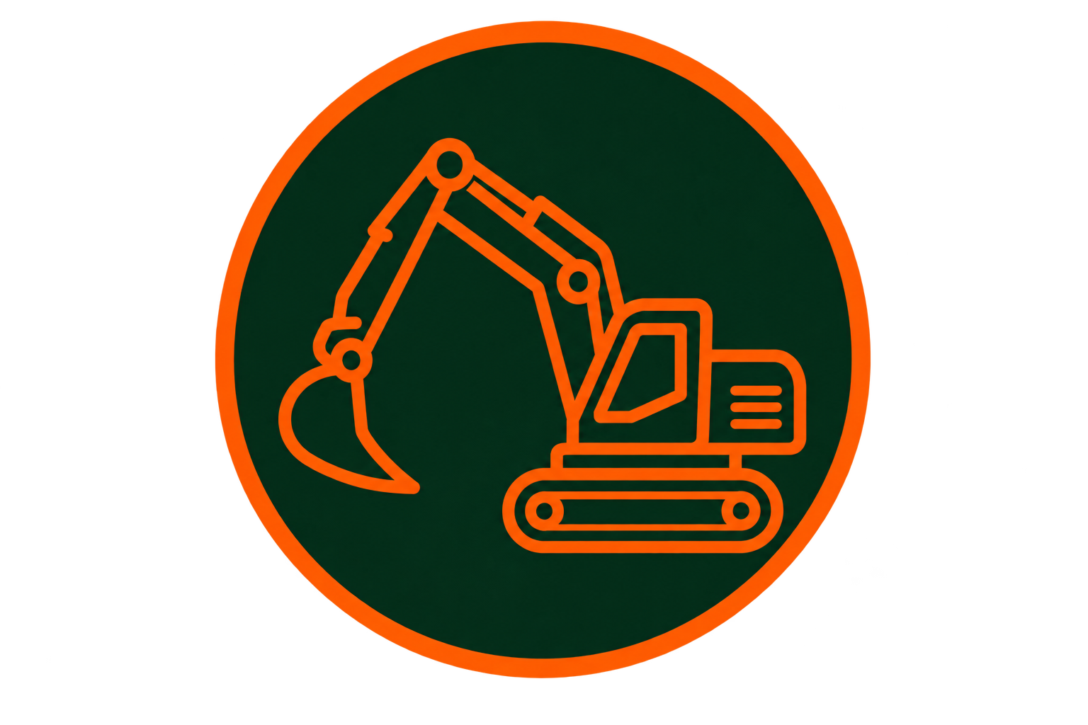 Illustration of an excavator within a circular green background with an orange border.