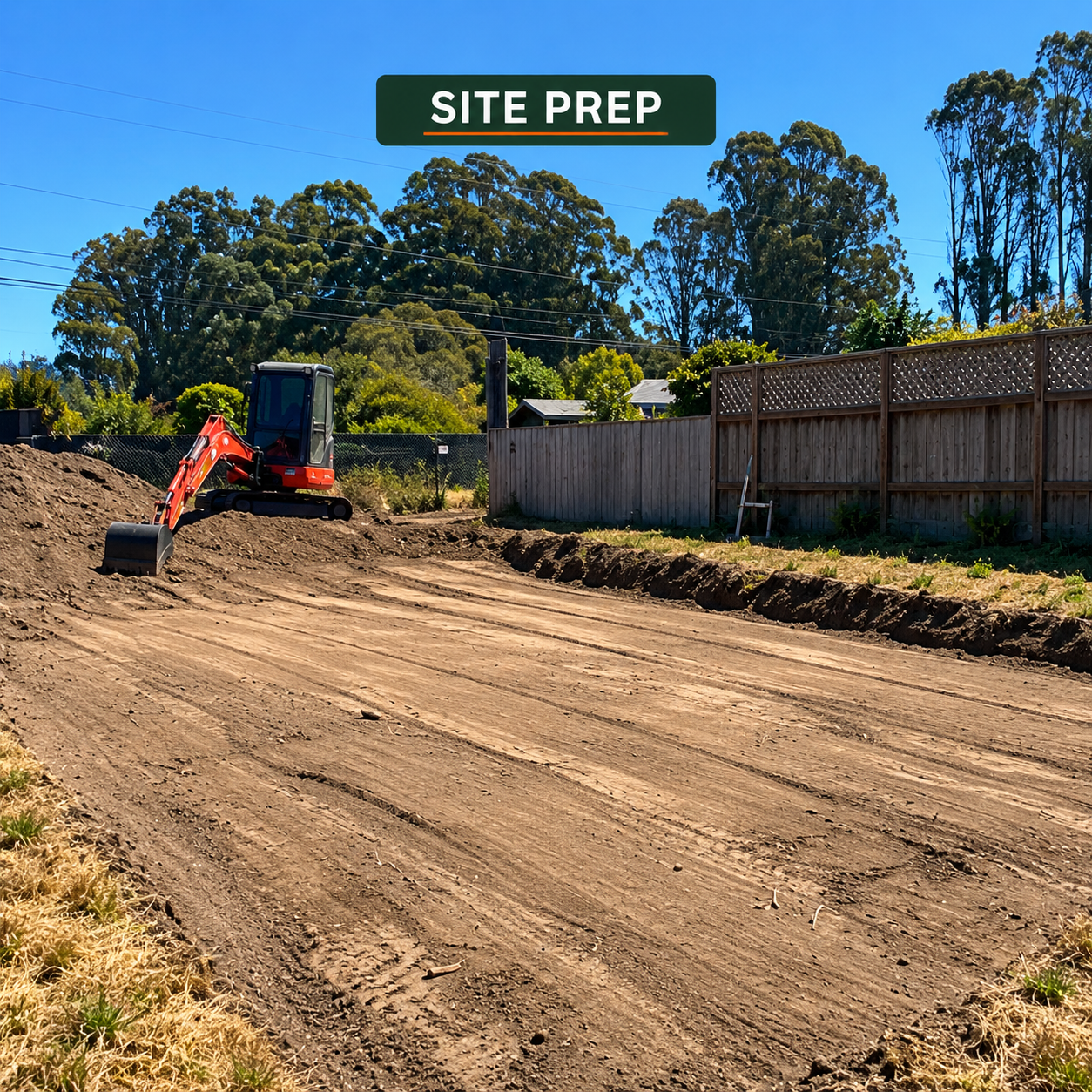 Mini excavator performing site preparation and grading work in the North Bay.