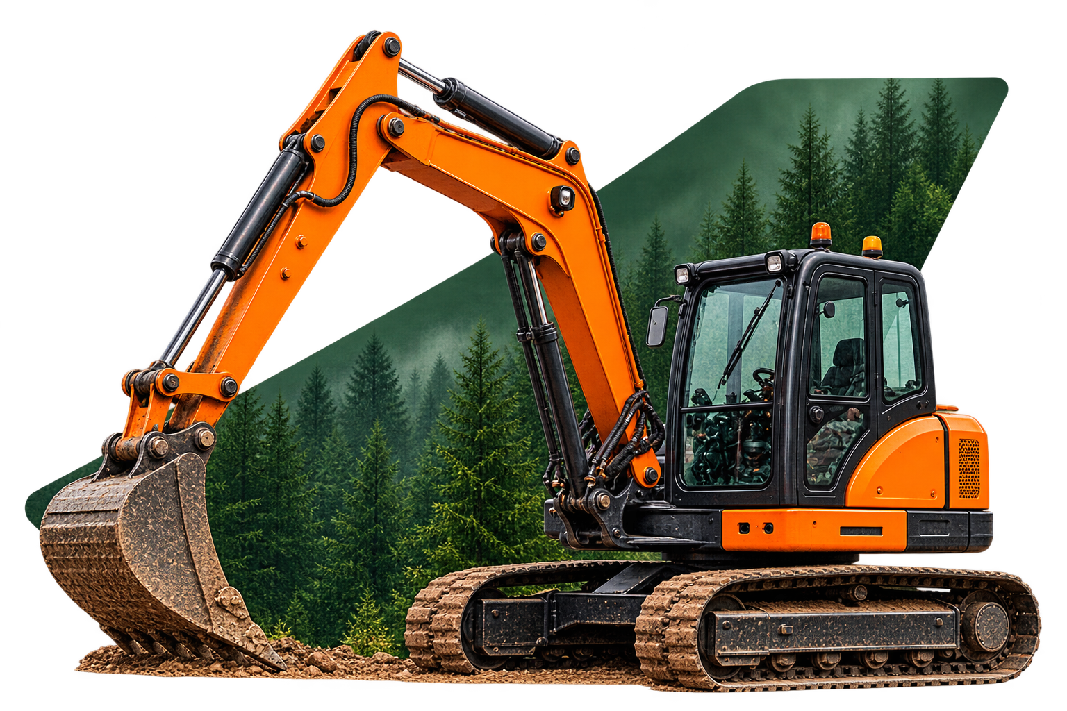 An orange and black excavator on dirt with a background of green forest and mountains.