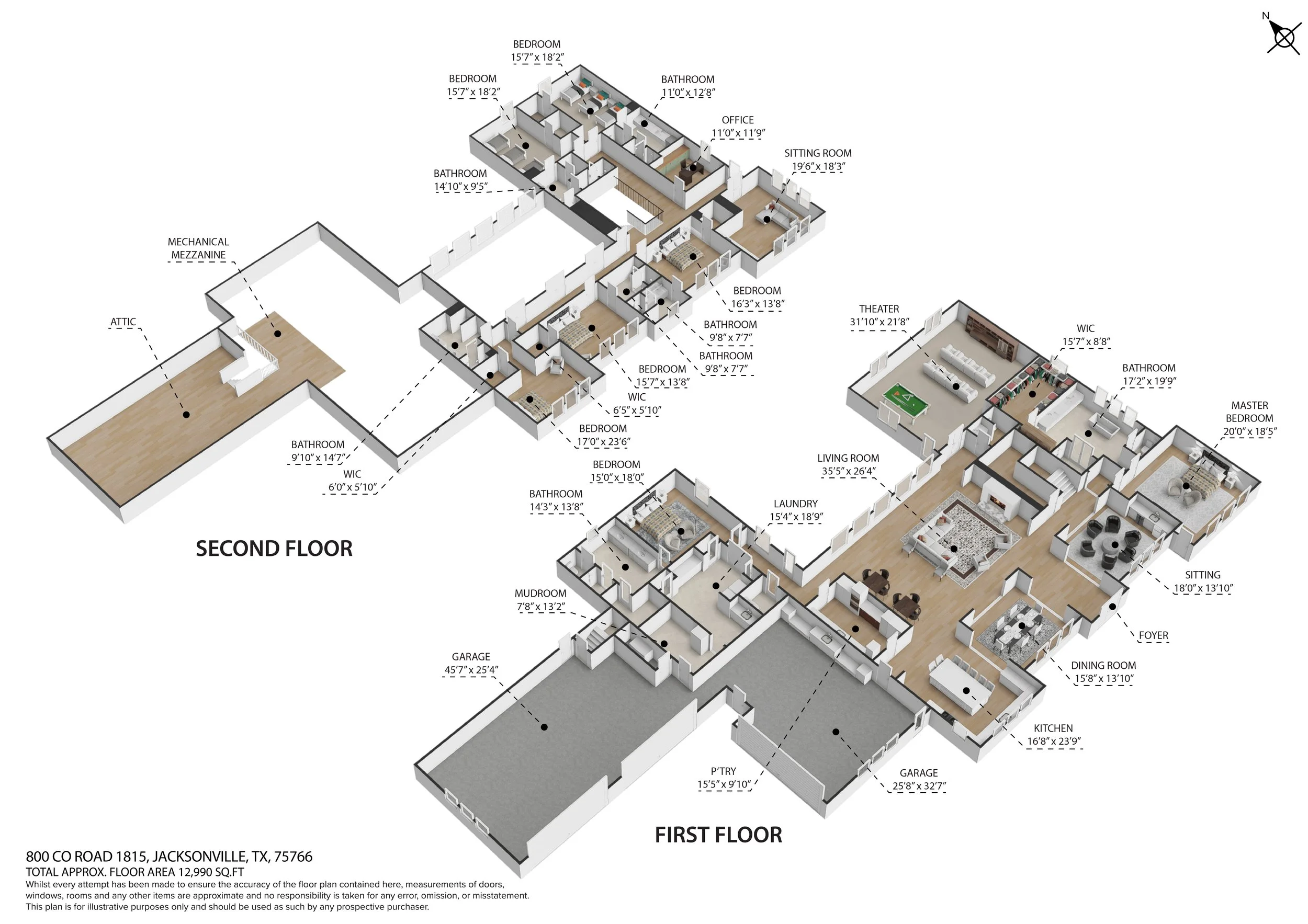 A detailed architectural floor plan of a two-story house, showing various rooms such as bedrooms, bathrooms, kitchen, living areas, and a garage, with measurements and labels.