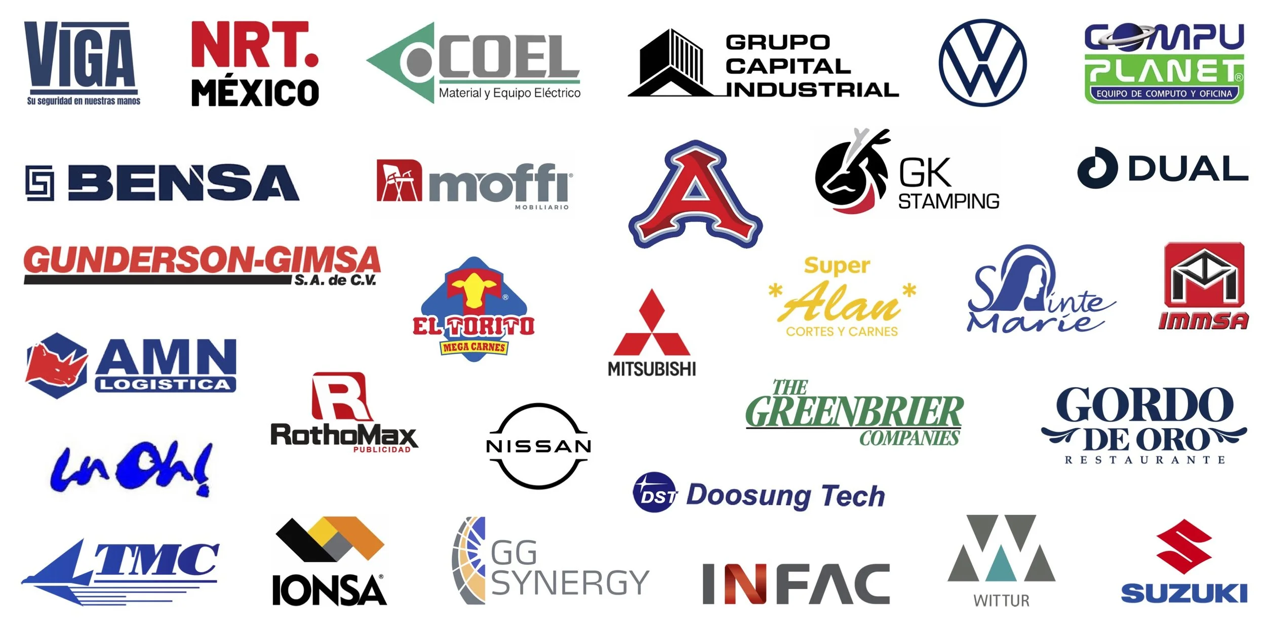 Colección de logotipos de diferentes empresas y marcas en varias industrias, incluyendo automotriz, maquinaria, tecnología, alimentación, transporte y otros sectores en Monclova y Frontera, Coahuila.