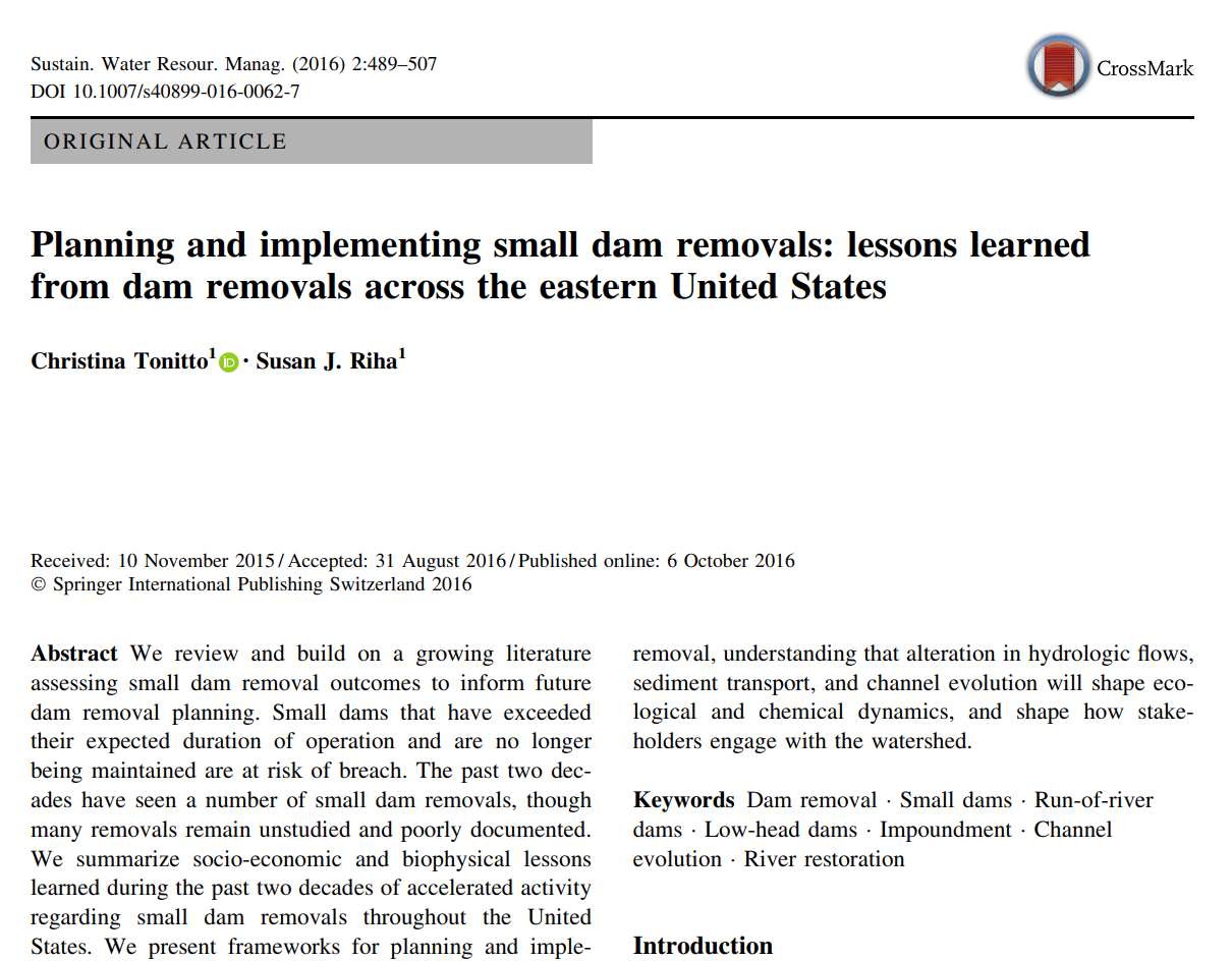 Screenshot of academic article titled 'Planning and implementing small dam removals: lessons learned from dam removals across the eastern United States' by Christina Tonitto and Susan J. Rika, published in Sustainability Water Resources. The article includes publication details, abstract, keywords, and the journal's logo.