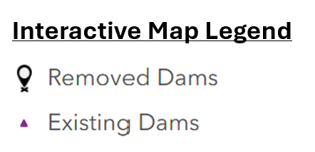 Interactive map legend showing removed dams marked with a black pin icon and existing dams marked with a purple triangle icon.