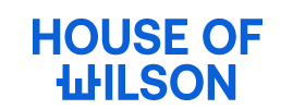 Logo with the text 'House of Hilson' in blue, featuring a stylized house icon.
