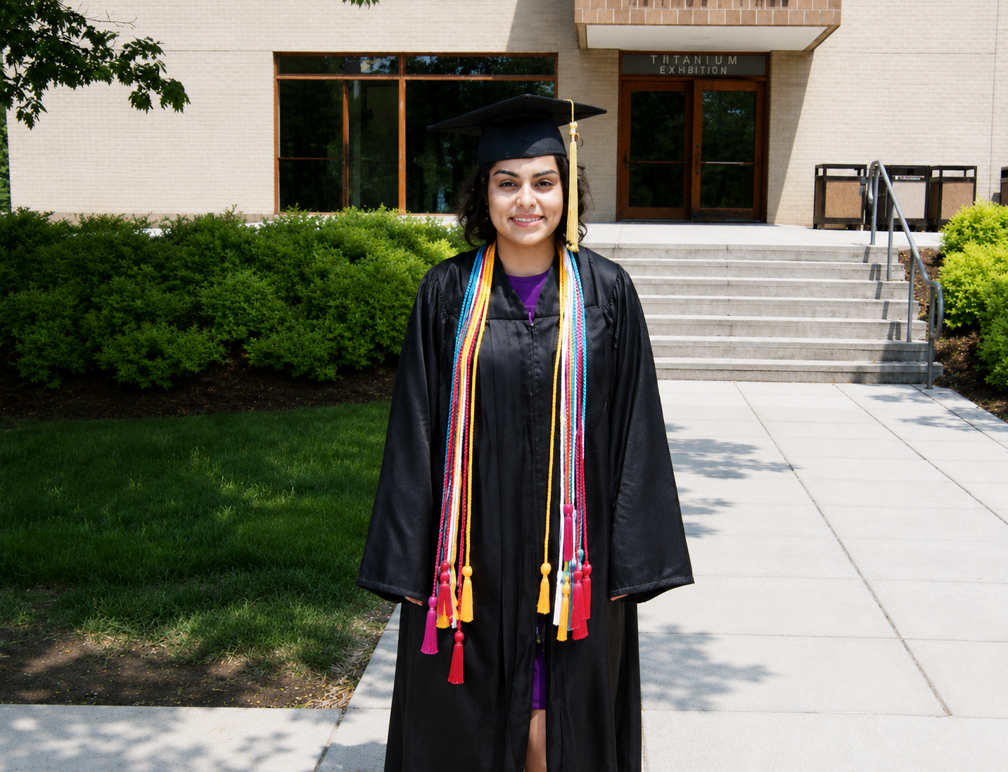 A young woman in a black graduation gown and cap stands outside on the sidewalk, smiling. She is wearing multiple honor cords and tassels around her neck. Behind her is a building with a sign that says 'Titanium Exhibition' and steps leading to the entrance.