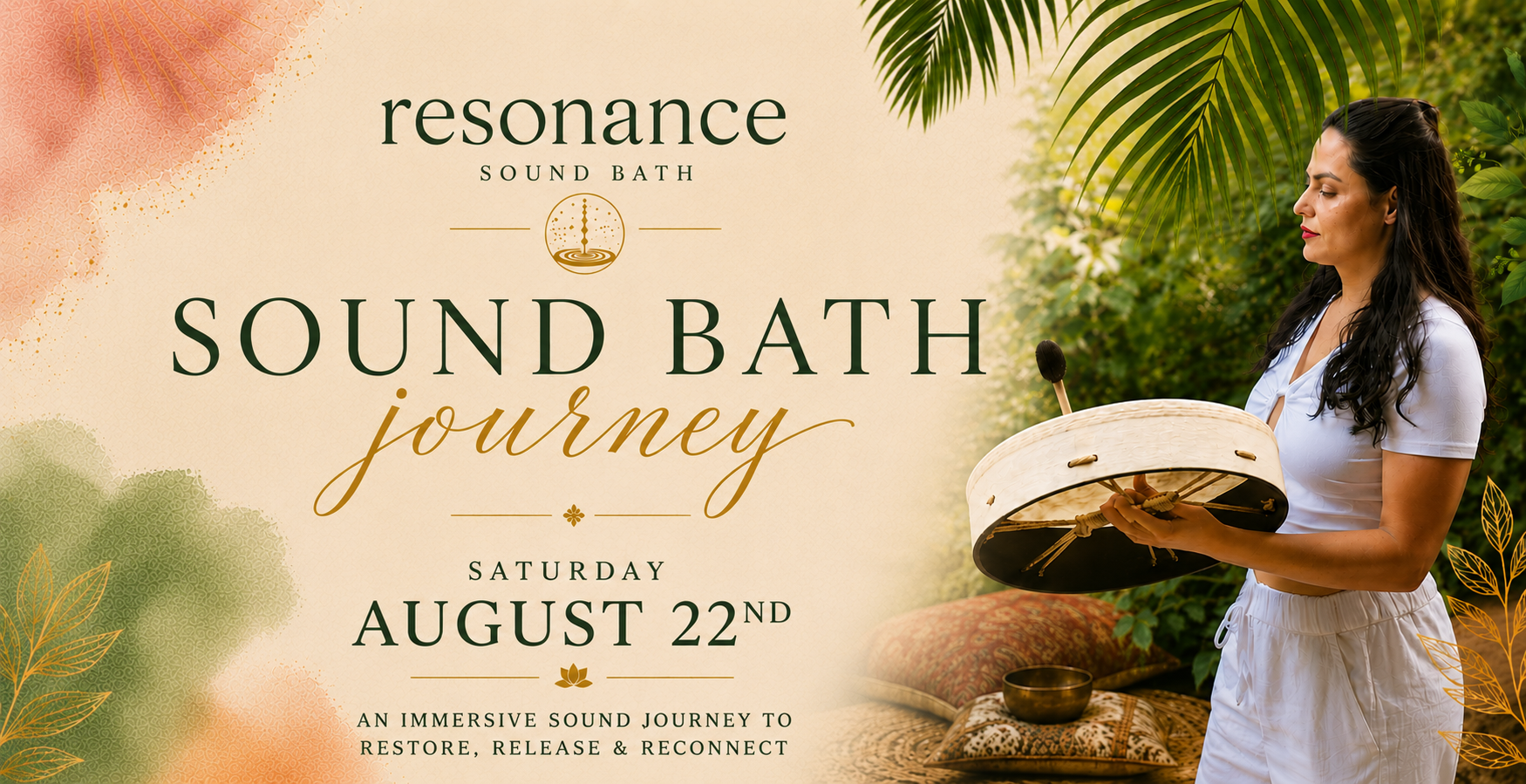 Event poster for Resonance Sound Bath Journey on Saturday, August 22nd, featuring a woman holding a sound bowl outdoors with lush greenery.