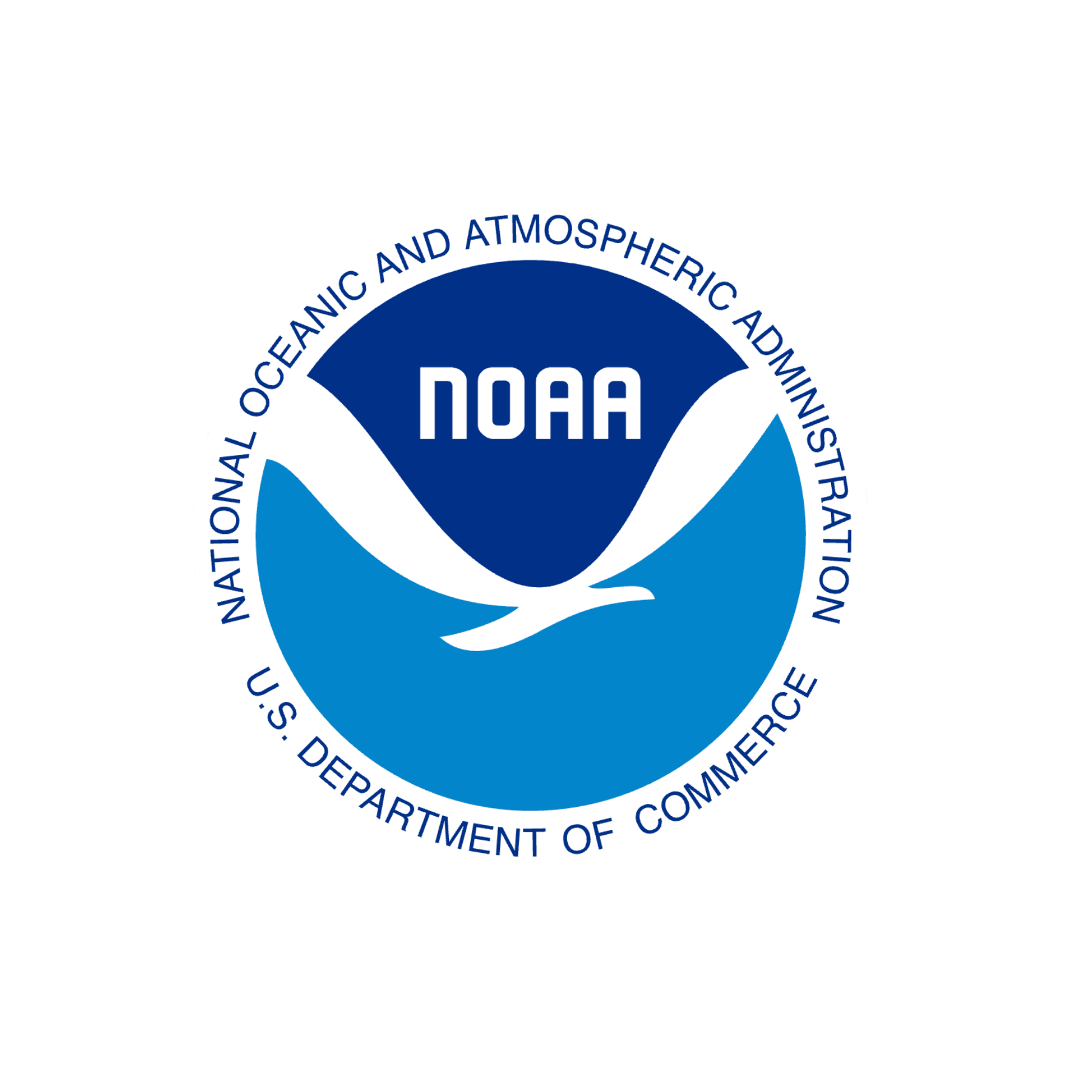 U.S. Department of Commerce NOAA logo with a blue circle, white wave, and whale tail, surrounded by text indicating the Oceanic and Atmospheric Administration