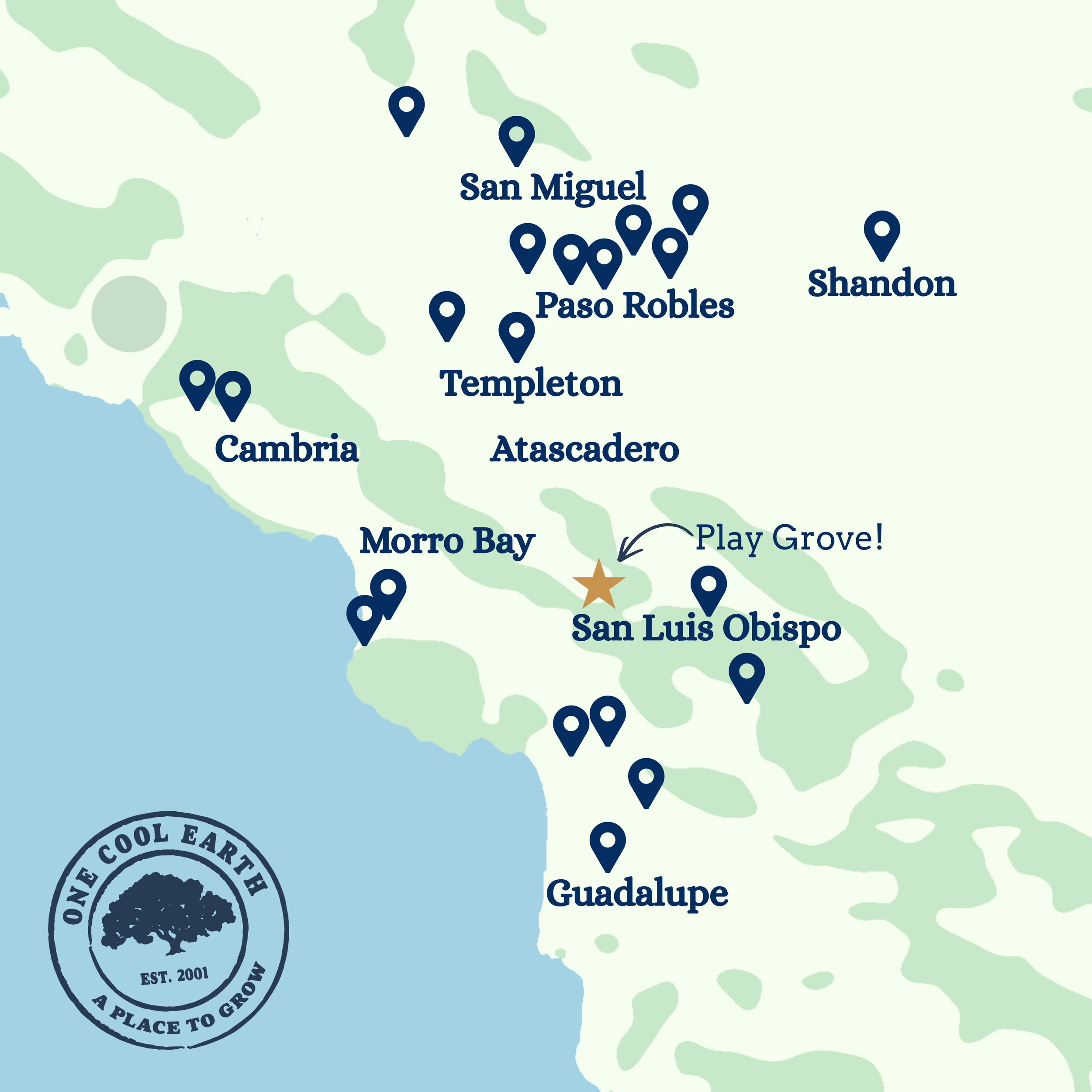 Map showing locations in San Miguel, Paso Robles, Templeton, Atascadero, Morro Bay, Guadalupe, and San Luis Obispo with pins marking points of interest, and a star indicating Play Grove.