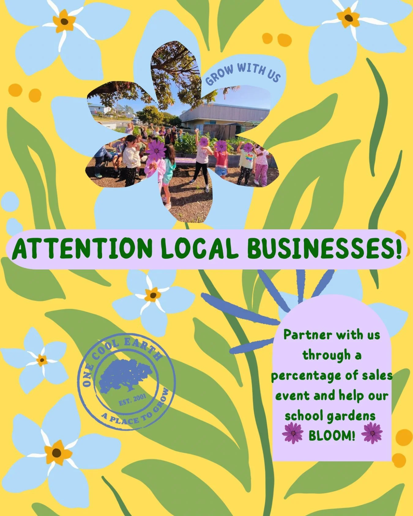 Partner with One Cool Earth and help grow happy, healthy, and smart youth through garden-based education. 🌱

How does it work? Host a percentage-of-sales event and a portion of your sales will support growing school gardens here in SLO County. 
As a