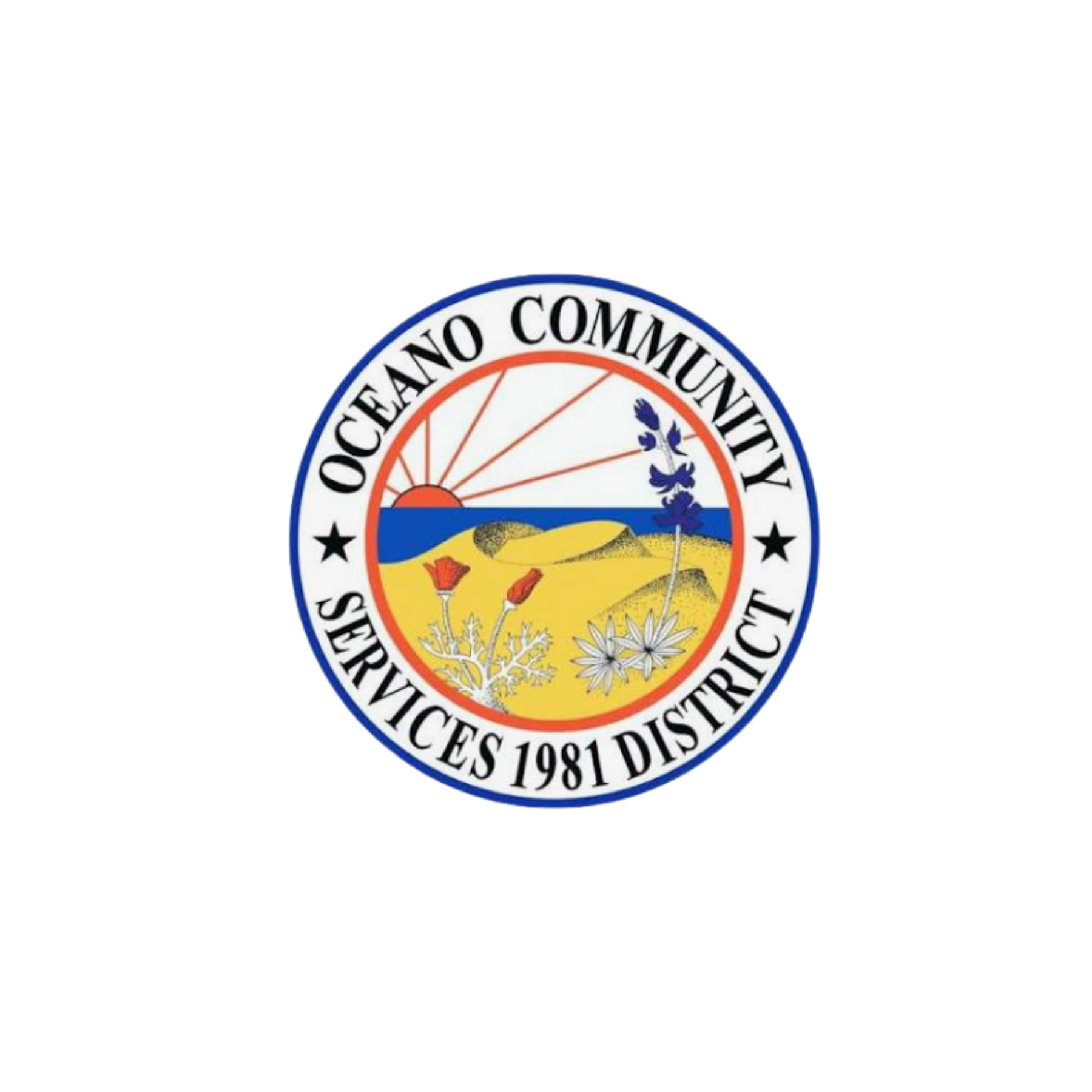 Seal of the Oklahoma Community Services District, featuring a landscape with a river, hills, trees, flowers, and a blue sky, with the district's name and establishment year 1981.