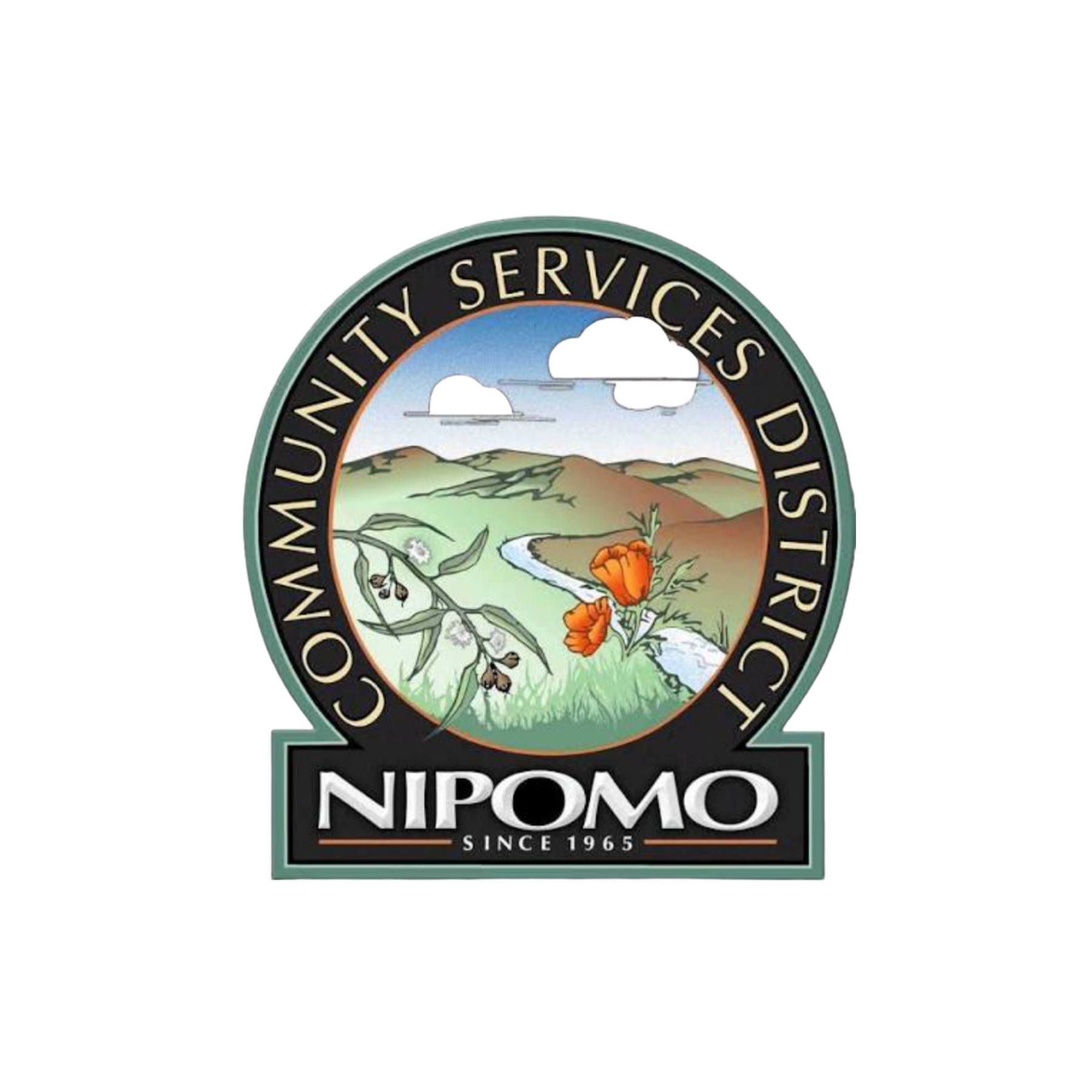 Logo of Nipomo, a community in California, featuring a scenic landscape with hills, a river, flowers, and clouds, along with the text "Nipomo" and "Since 1965."