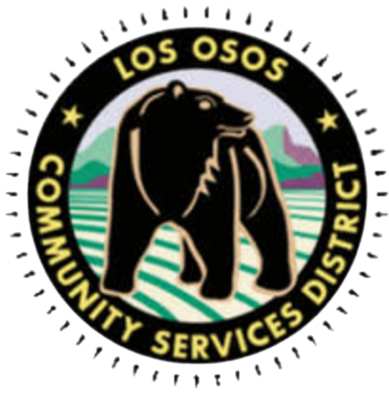 A circular emblem featuring a bear and a mountain landscape in the background. The bear is outlined in black with blonde edges and standing over a field of striped green and white. Yellow text around the emblem reads 'LOS OSOS' at the top and 'WELLNESS, COMMUNITY, SERVICES, DISTRICT' at the bottom.
