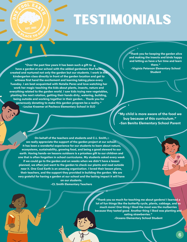 The image shows a colorful classroom bulletin board titled "Testimonials" from Ocean Elementary School, featuring quotes from students, teachers, and parents praising their gardening and outdoor learning programs. The background includes illustrations of children and a sun logo with the text "One Cool Earth".