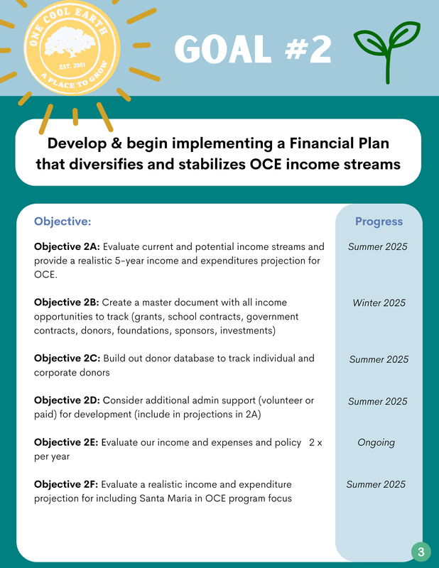A project goal sheet titled 'Goal #2' focused on developing and implementing a financial plan to diversify and stabilize income streams for OCE. It includes objectives on income evaluation, creating master documents, donor database development, administrative support, income and expense evaluation, with deadlines in Summer 2025, Winter 2025, and ongoing. The sheet features a logo with a tree and sun, and a green plant icon.