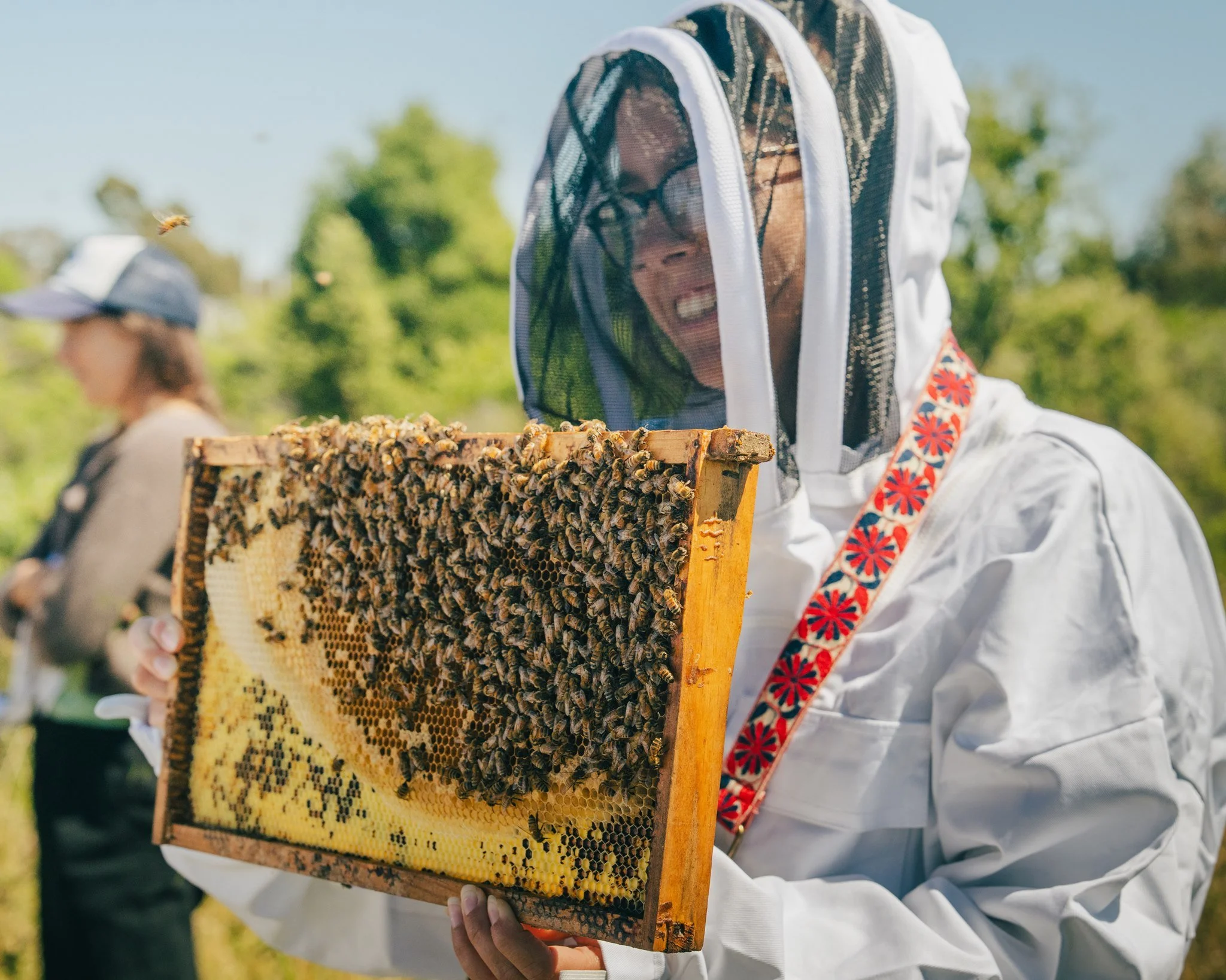 Person wearing a white jacket and a floral strap holding a honeycomb frame with bees, outdoors on a sunny day.