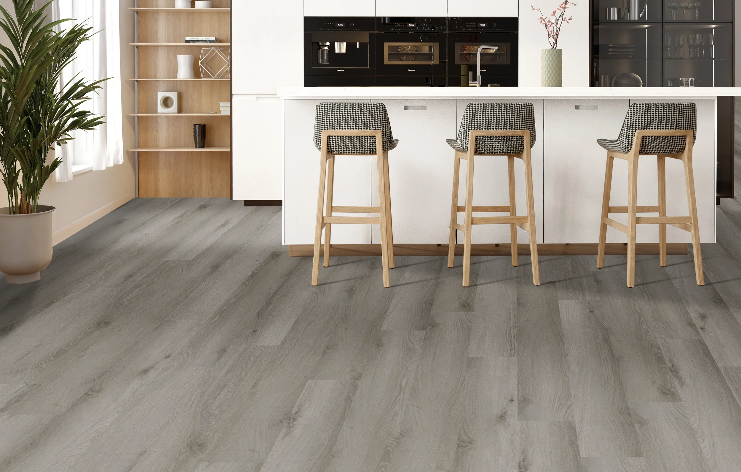 PROJEX Rigid Core vinyl flooring in Silver Oak, installed in a modern black-and-white kitchen.