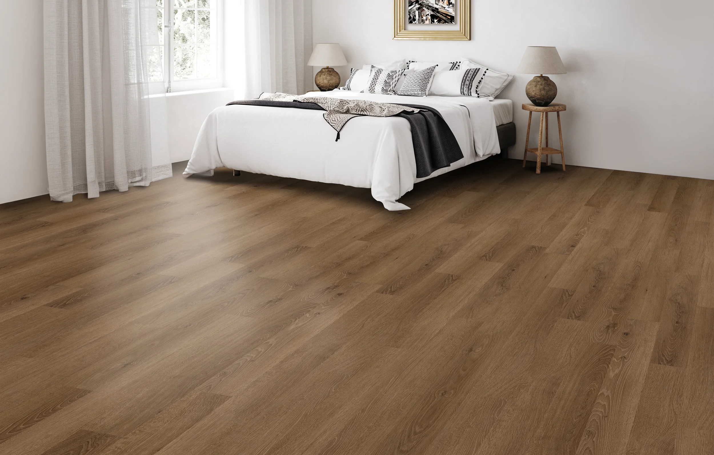 PROJEX Rigid Core vinyl flooring in Heritage Oak, installed in a bright bedroom.
