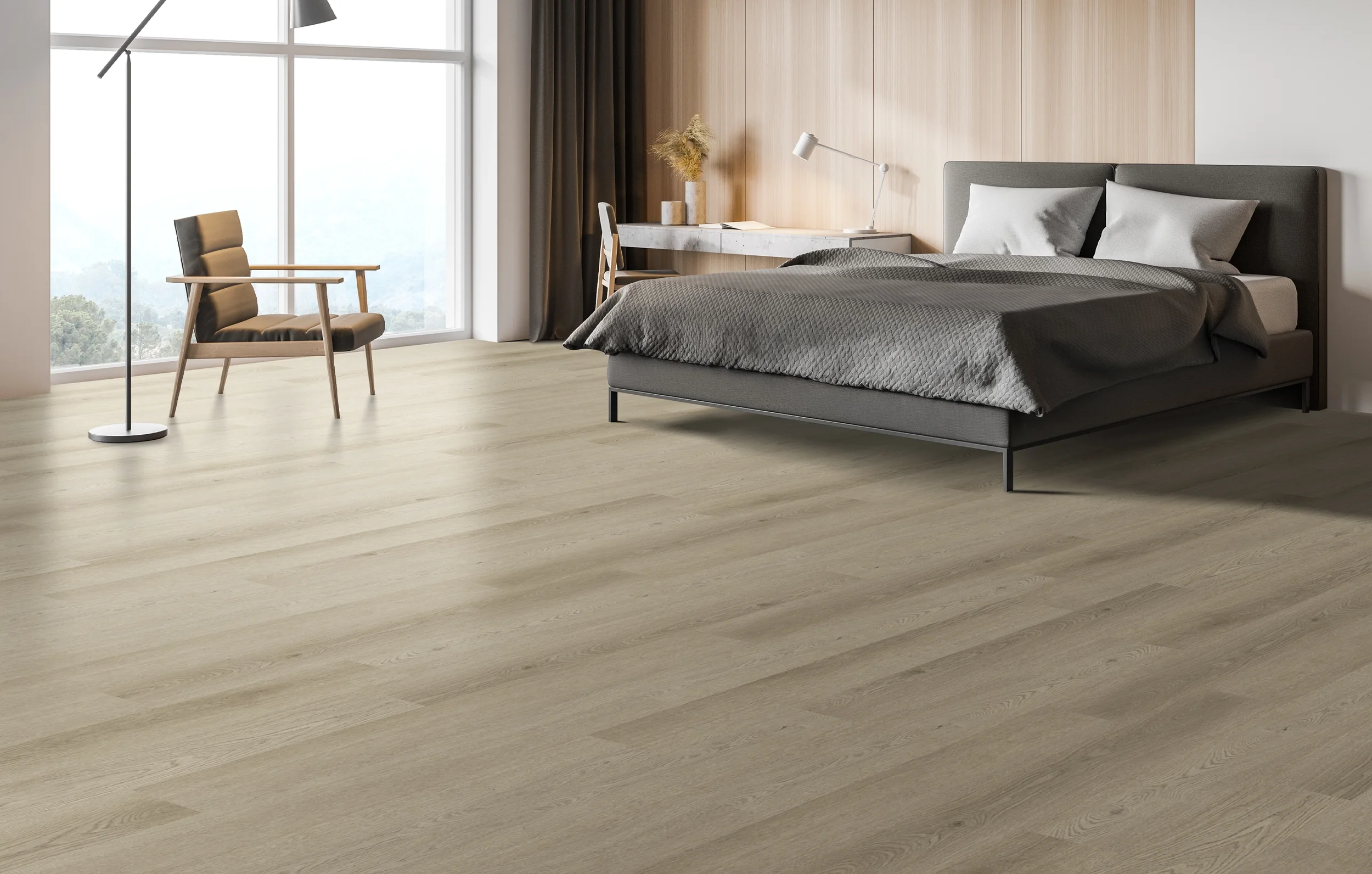 PROJEX Rigid Core vinyl flooring in Driftwood, installed in a minimalist bedroom with a wood panel wall.