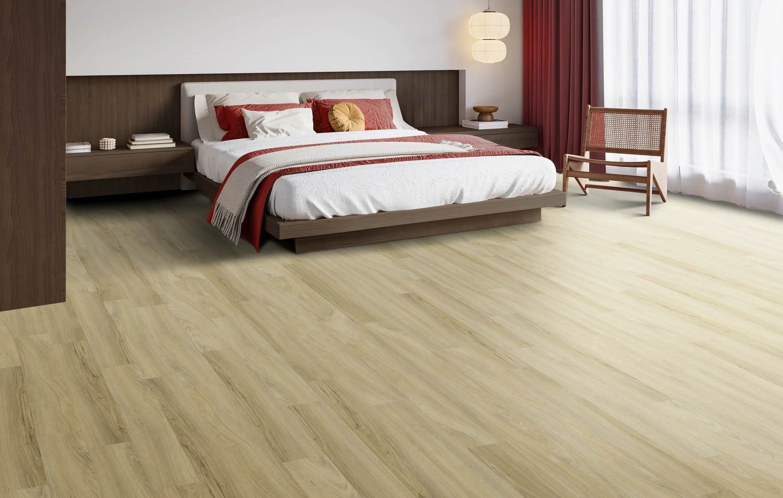PROJEX Rigid Core vinyl flooring in Vanilla Maple, installed in a modern bedroom.