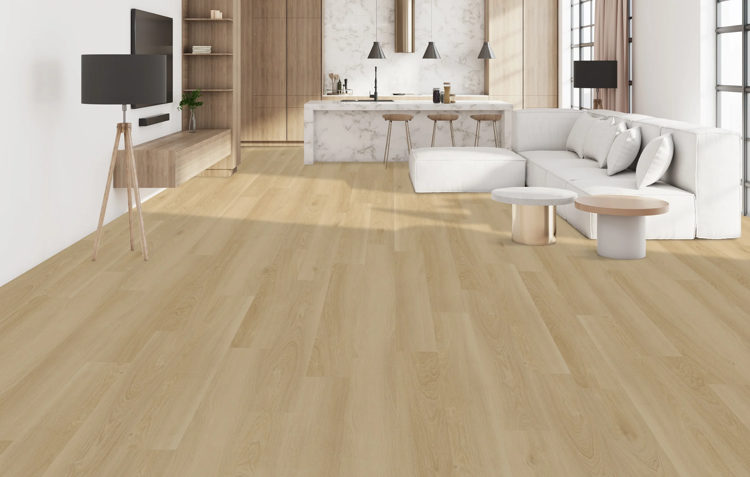 PROJEX Rigid Core vinyl flooring in Sunwashed Oak, installed in an open-concept living room and kitchen.