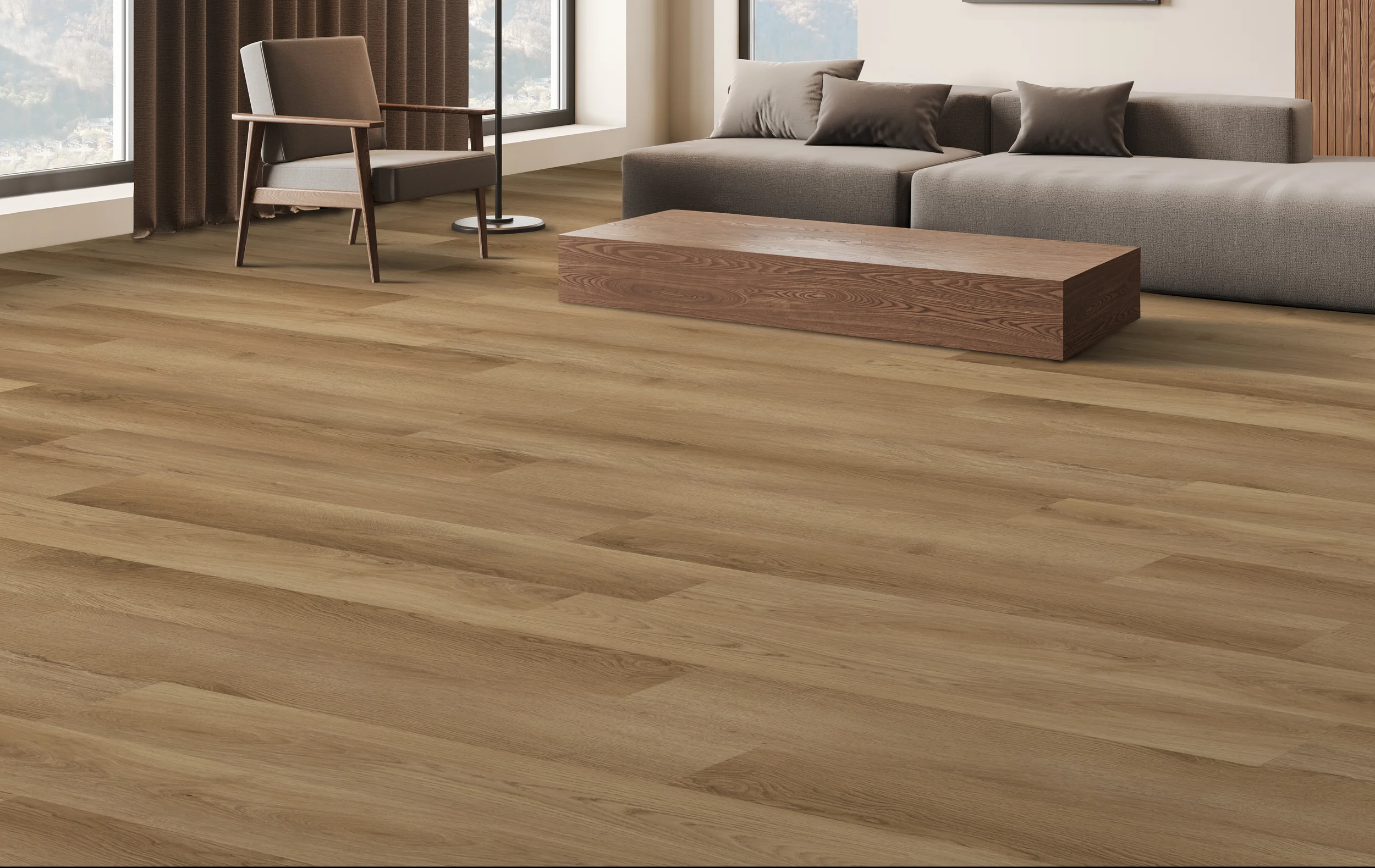 PROJEX Rigid Core vinyl flooring in Honey Oak, installed in a living room with wooden wall paneling.