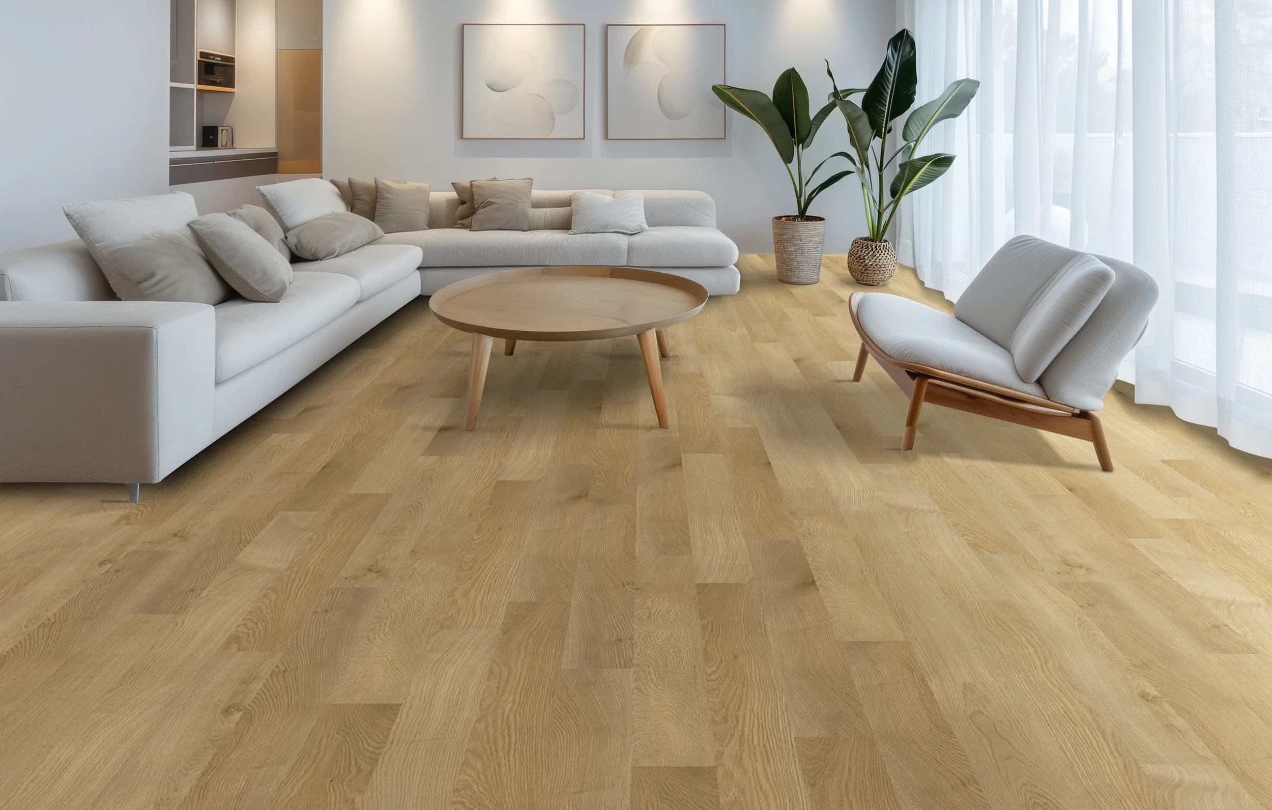 PROJEX Rigid Core vinyl flooring in Harvest Oak, installed in a bright, plant-filled living room.