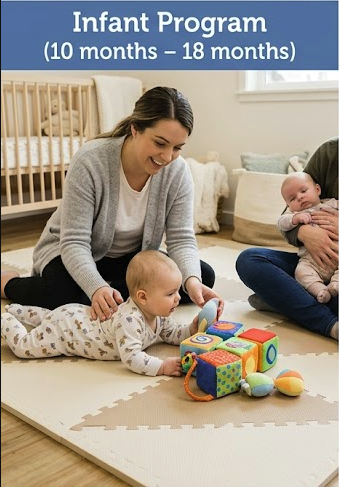 A woman and two babies playing on the floor of a nursery, with a crib in the background. The image is labeled 'Infant Program (10 months - 18 months).'