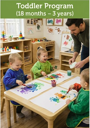 A teacher interacts with three young children during a toddler art activity in a classroom. The kids are painting colorful handprints and pictures on paper, seated at a wooden table.