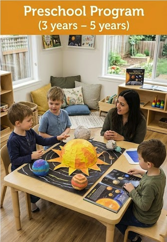 Preschool program for 3 to 5-year-olds with children and teacher exploring a solar system model on a table, in a classroom with windows and educational materials.