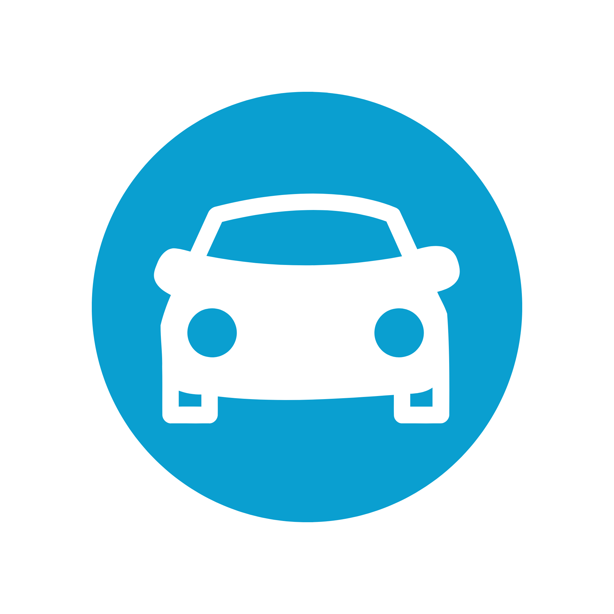Blue background with white silhouette of a car inside a rounded square, surrounded by a larger blue circle.