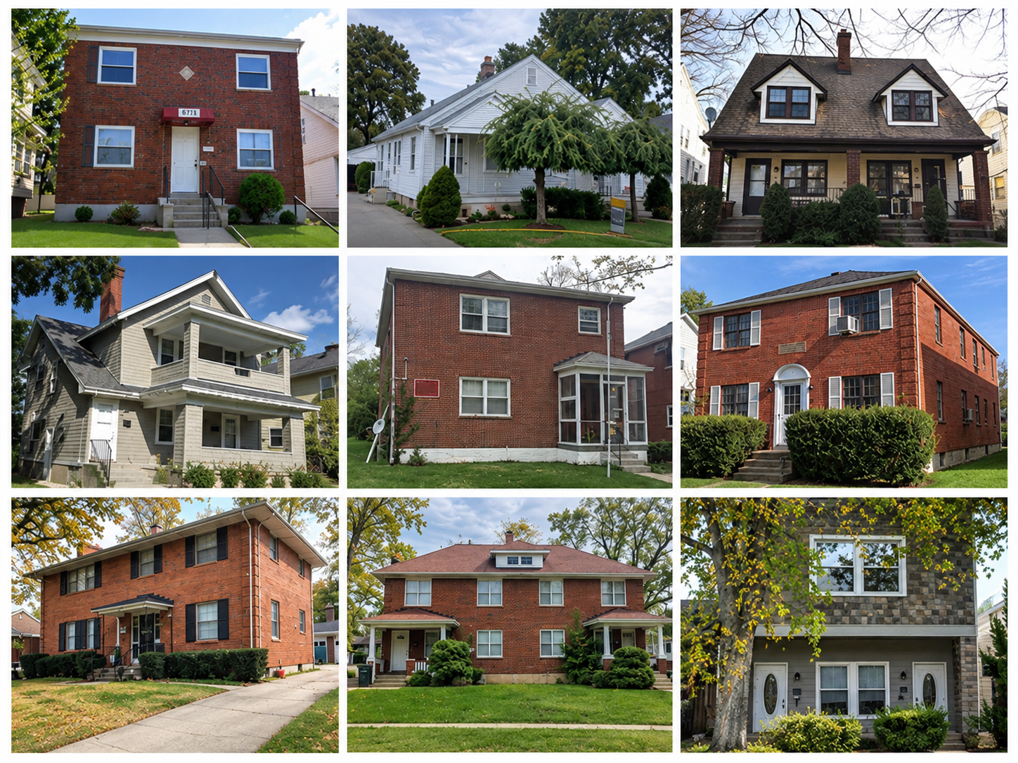 Collage of nine different houses, each with distinct architectural styles and colors, featuring front yards with grass, shrubs, and trees depicting Good Samaritan Home's housing expansion for those looking for re-entry. 