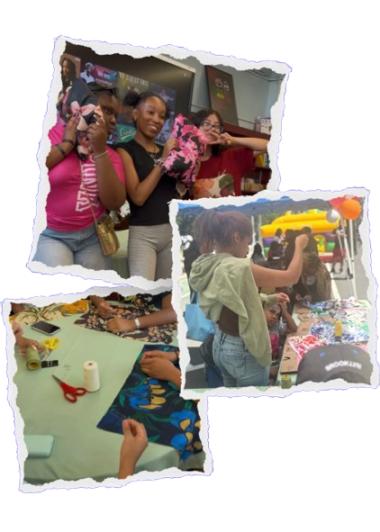 Group of children at a craft event, making and displaying various projects with craft supplies like fabric, scissors, and thread.