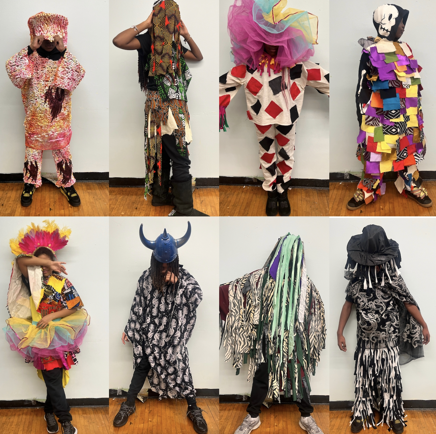 A collage of nine people in creative and colorful costumes, each dressed in unique outfits with various headpieces and accessories, posing against a plain wall indoors.