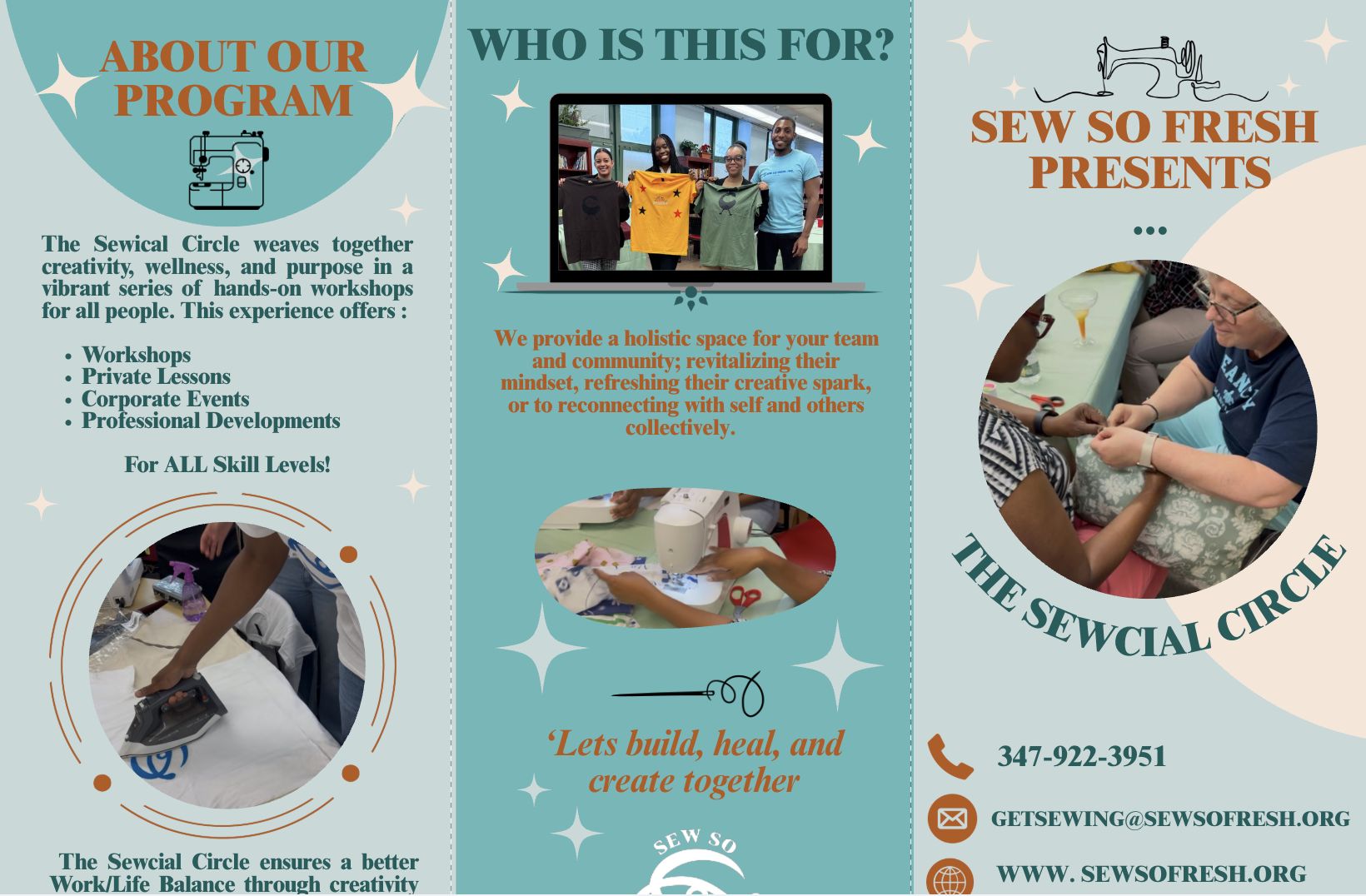 A colorful promotional flyer for Sew So Fresh's sewing program. It features sections about the program, who it is for, and images of people sewing and showcasing finished clothing, with contact information at the bottom.