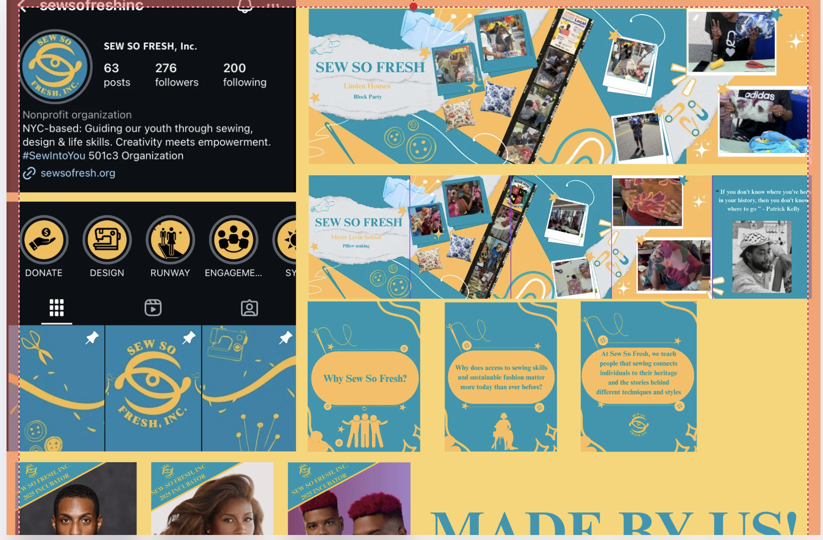 A collage of images and text promoting Sew So Fresh, a nonprofit organization focused on teaching sewing and design skills. The collage includes photos of people engaged in sewing activities, a logo, and informational panels about the organization's 