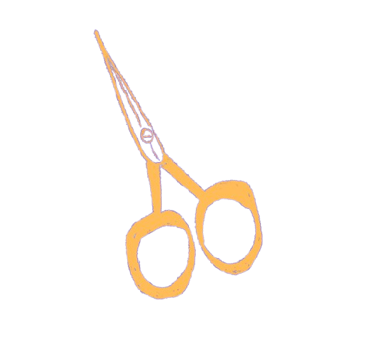 A pair of scissors with a pink outline on a black background.
