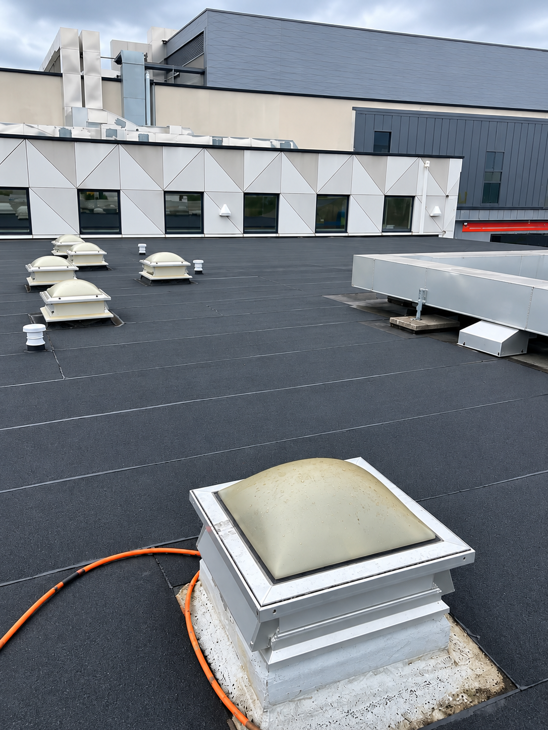 View of a flat rooftop with multiple white skylights and roof vents on black roofing material, with modern building structures in the background